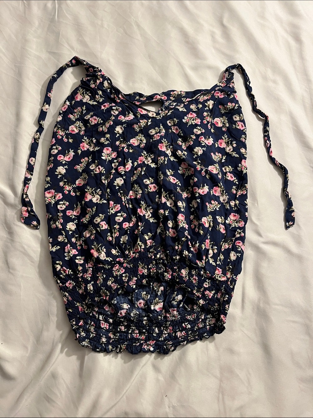 Navy Floral Smocked-Hem Cami with Adjustable Ties